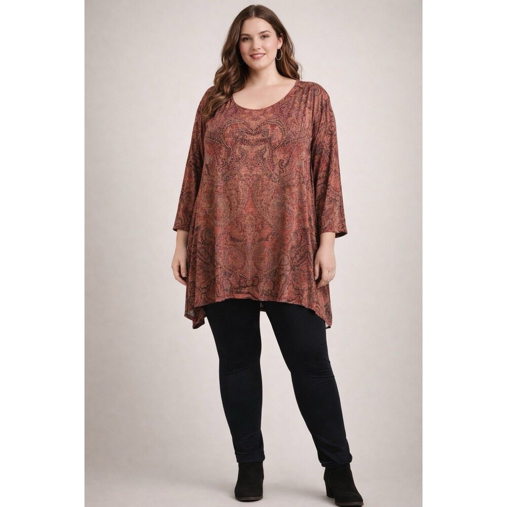 One World Women's Red Sharkbite Hem Paisley Boho Hippie Tunic Top Sz 2X